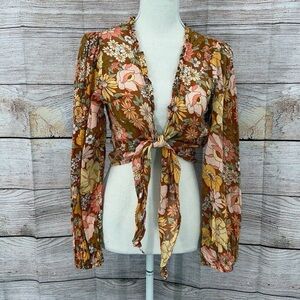 Billabong X The Salty Blonde Brown Floral Ruffled Tie-Front Blouse Size M
